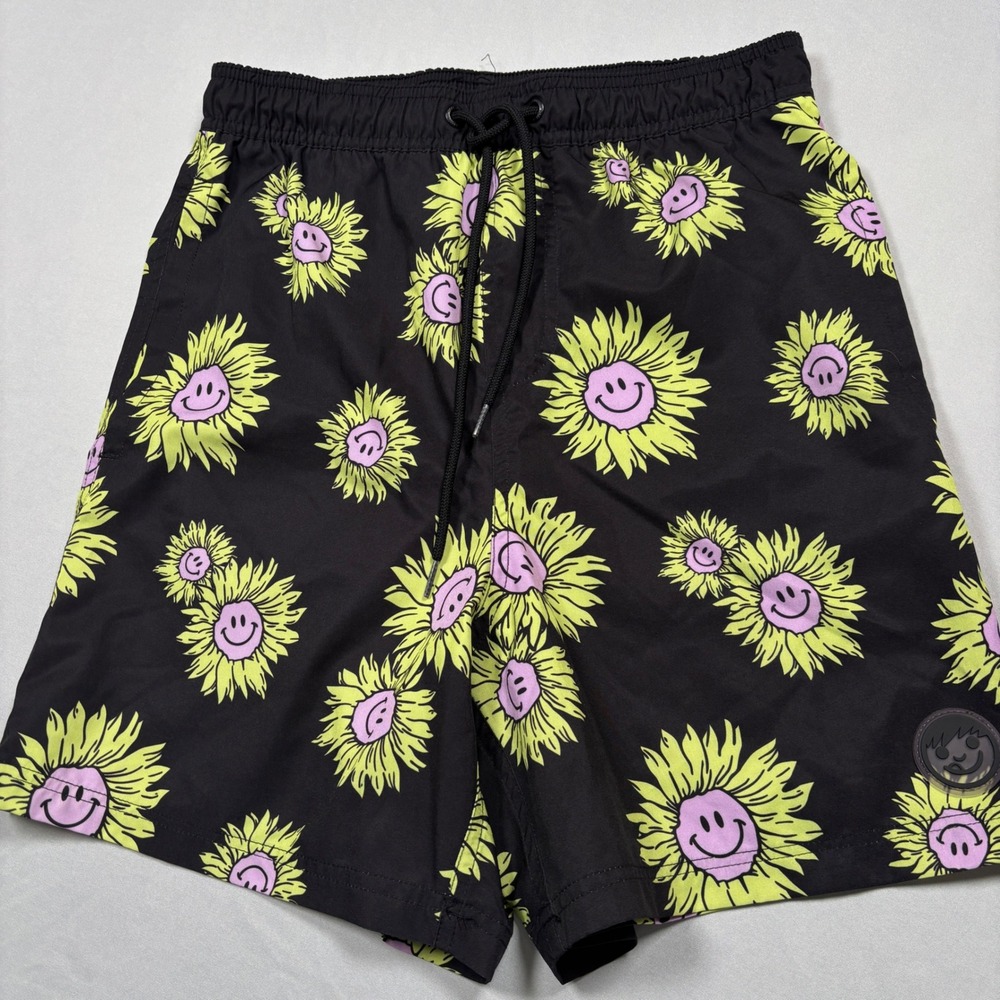 Neff Swim Trunks Mens Medium Black Sunflower Smiley Face Board Shorts